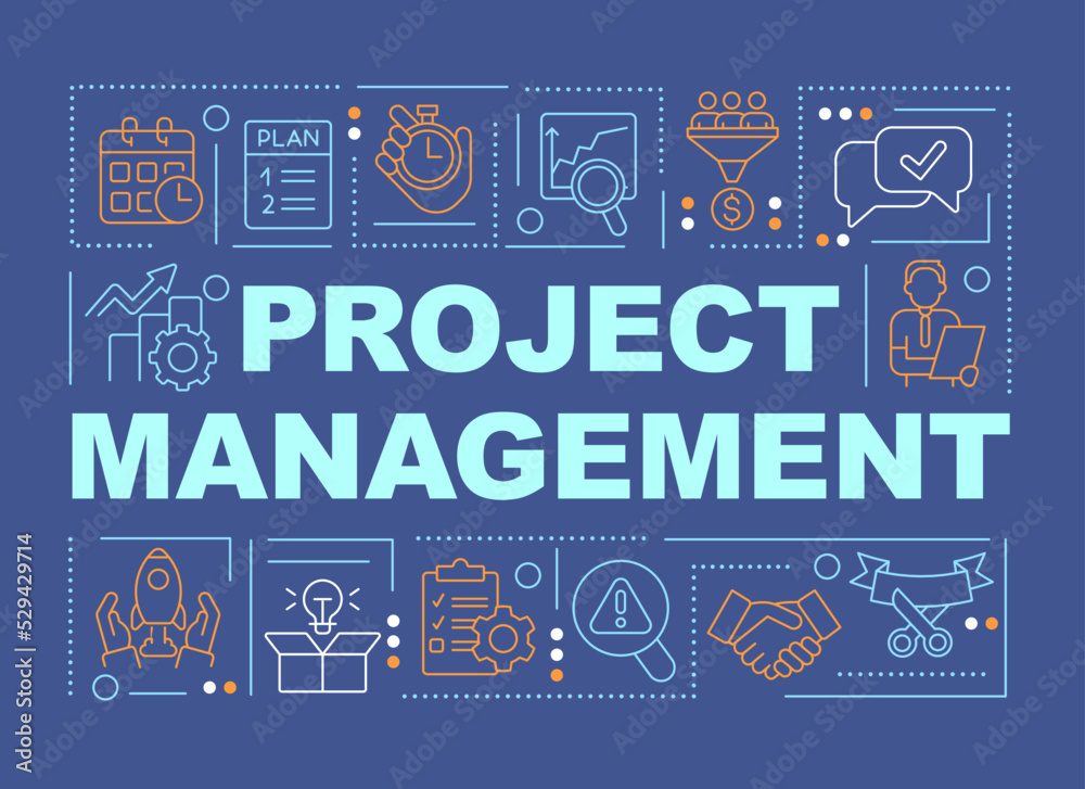 Project management word concepts dark blue banner. Strategy. Infographics with editable icons on color background. Isolated typography. Vector illustration with text. Arial-Black font used