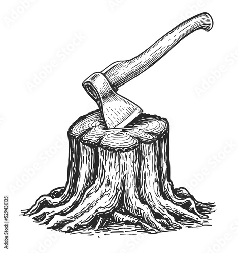 Stump with stuck ax sketch. Cutting wood and logging. woodcutter tool for chopping wood. Carpentry, natural lumber