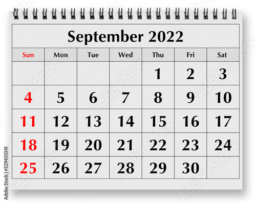 Page of the annual monthly calendar - September 2022