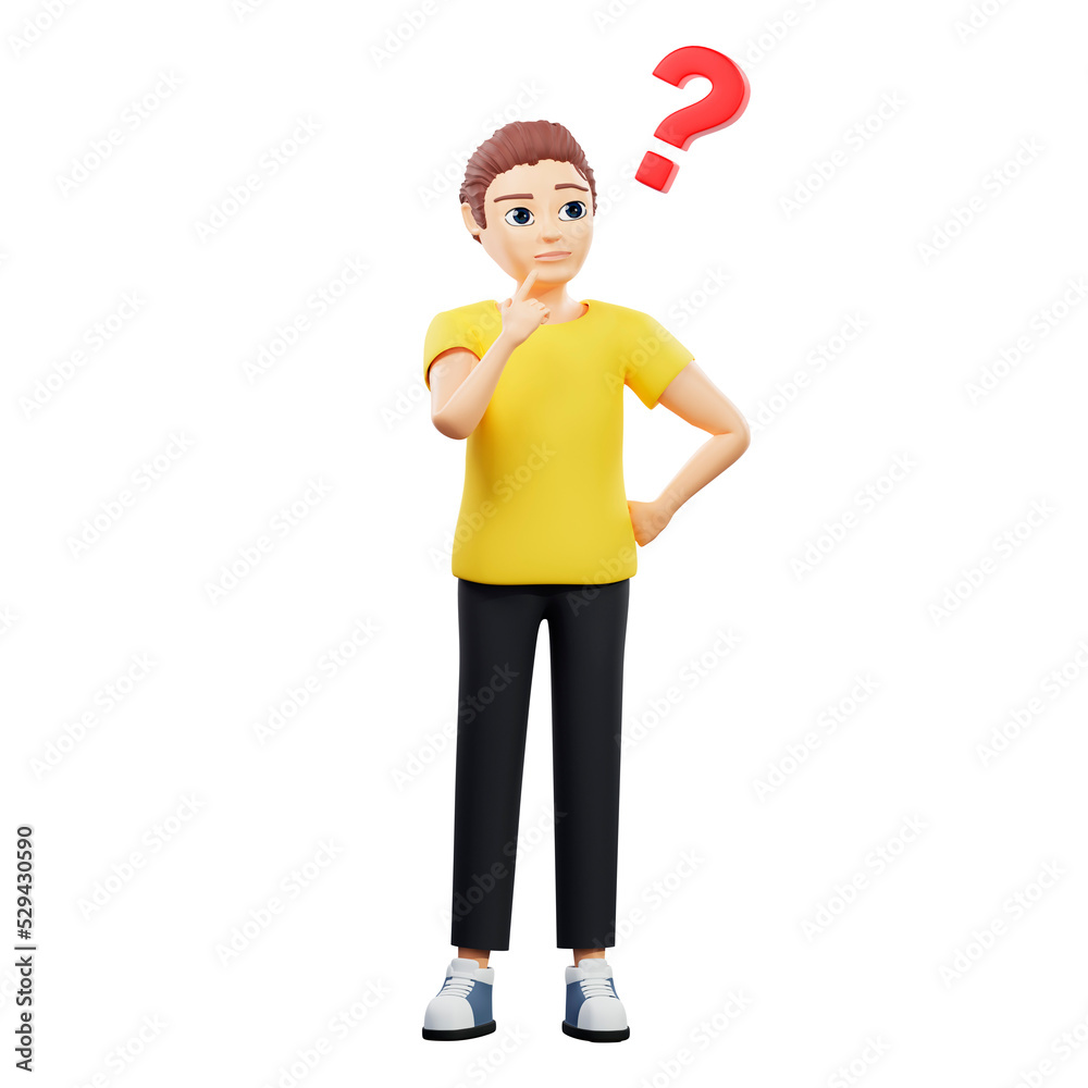 Raster illustration of man thinking about the problemwith a red question mark. A young guy in a yellow T shirt thought, idea, ignorance, plan, problem solving. 3d rendering artwork for business Raster illustration of man thinking about the problemwith a red question mark. A young guy in a yellow T shirt thought, idea, ignorance, plan, problem solving. 3d rendering artwork for business