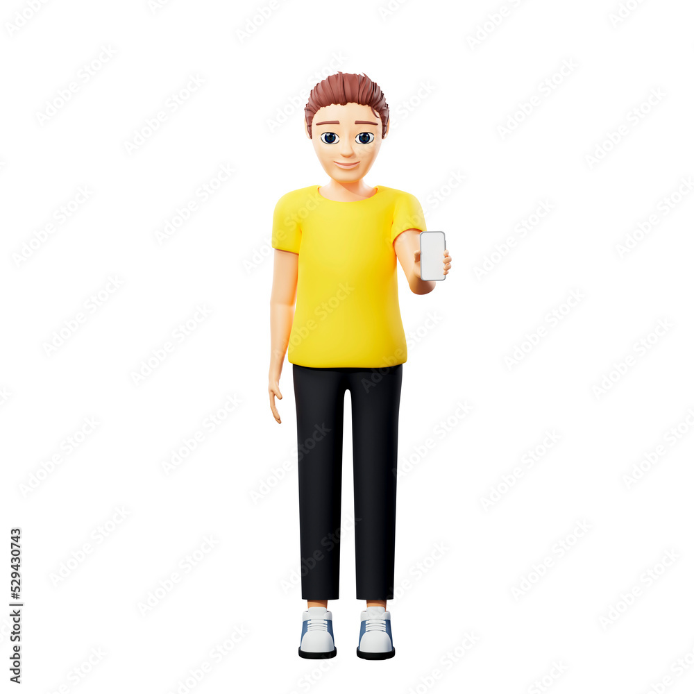 Raster illustration of man with mobile phone. Young guy in a yellow tshirt show smartphone, clicks the phone, sits in social networks, rest, work, technology, watches media, smartphone. 3d artwork Raster illustration of man with mobile phone. Young guy in a yellow tshirt show smartphone, clicks the phone, sits in social networks, rest, work, technology, watches media, smartphone. 3d artwork