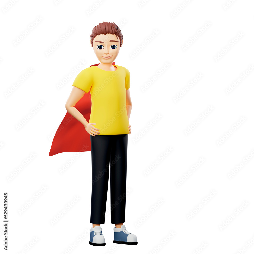 Raster illustration of man standing in a suit a superhero. Young guy in a yellow tshirt and a red cloak with raised hands takes off. Inspiration, saves the world, creative thinking, feat. 3d render Raster illustration of man standing in a suit a superhero. Young guy in a yellow tshirt and a red cloak with raised hands takes off. Inspiration, saves the world, creative thinking, feat. 3d render