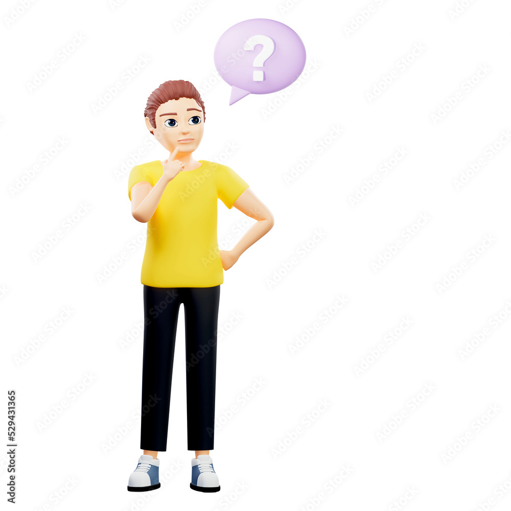 Raster illustration of man near a circle speech bubble with a question mark. A young guy in a yellow tshirt thought, oil, idea, direct speech, cloud, plan, problem solving. 3d rendering artwork