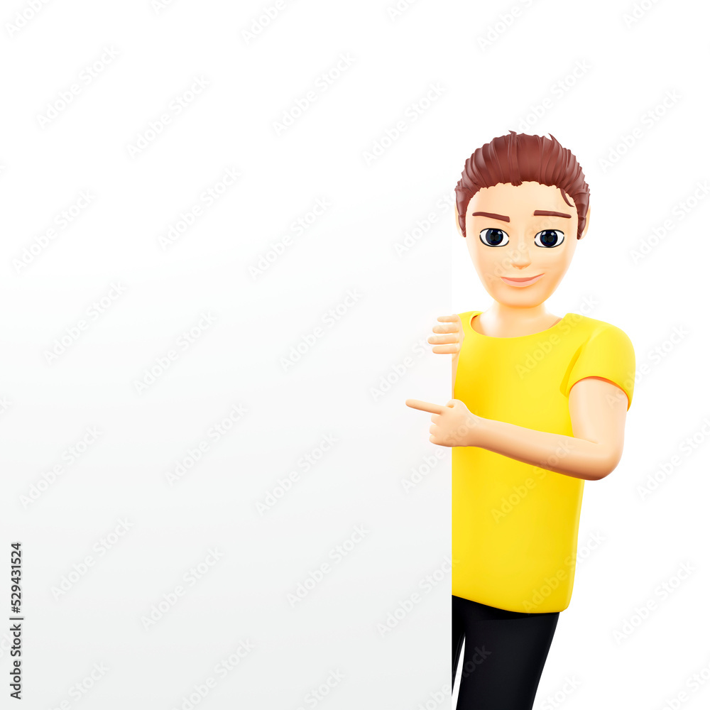 Raster illustration of man peeking out from behind a white canvas. Young guy in a yellow tshirt shows a blank sheet, a new document, a white wall. 3d rendering artwork for business and advertising Raster illustration of man peeking out from behind a white canvas. Young guy in a yellow tshirt shows a blank sheet, a new document, a white wall. 3d rendering artwork for business and advertising
