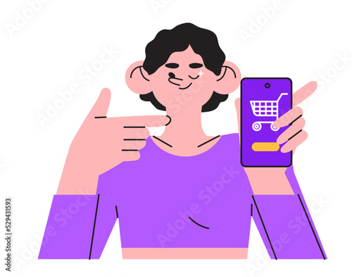 Special offer, promotion, big seasonal sale or discount vector character illustration concept for banner, web or landing page. Woman hold smartphone with shopping cart ready for black friday sale.