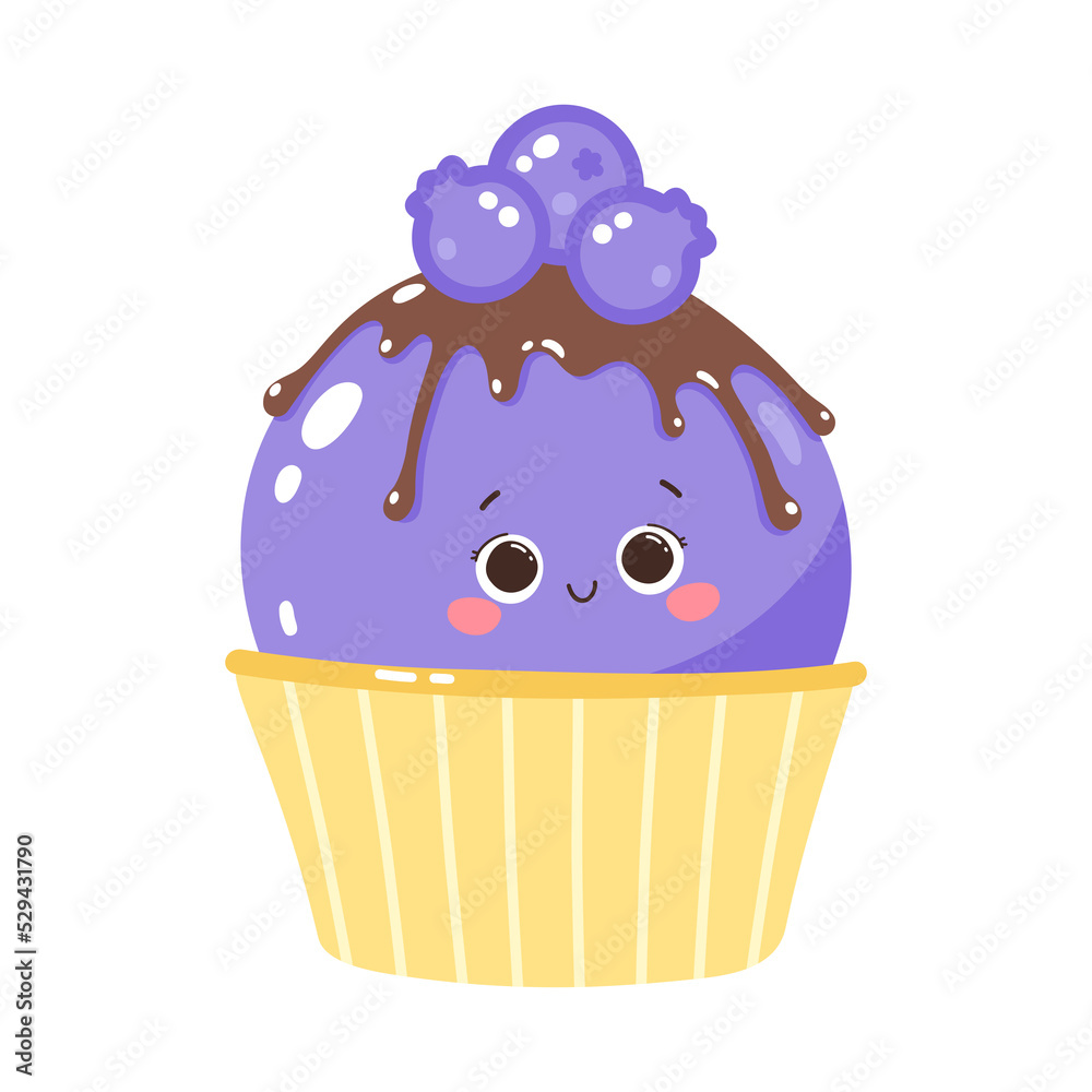 Cute character fruity blueberry ice cream in a cup. Cold dessert. Summer sweetness Cute character fruity blueberry ice cream in a cup. Cold dessert. Summer sweetness