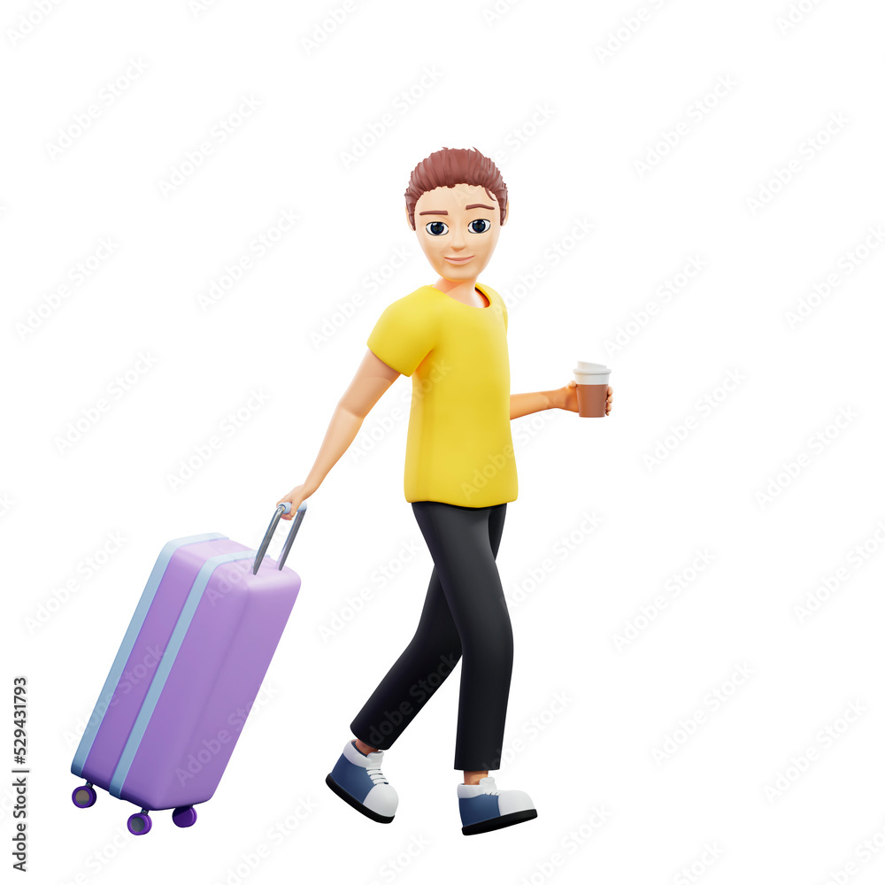Raster illustration of man comes with silver suitcase. Young guy in a yellow tshirt walks with a bag, a case and drinks coffee from a cardboard cup. 3d rendering artwork for business and advertising Raster illustration of man comes with silver suitcase. Young guy in a yellow tshirt walks with a bag, a case and drinks coffee from a cardboard cup. 3d rendering artwork for business and advertising