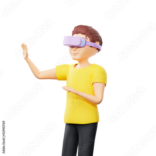 Raster illustration of man wearing silver virtual reality glasses. Young guy in a yellow tshirt augmented reality, metaverse, vr helmet, holographic, computer game, gamer. 3d render artwork