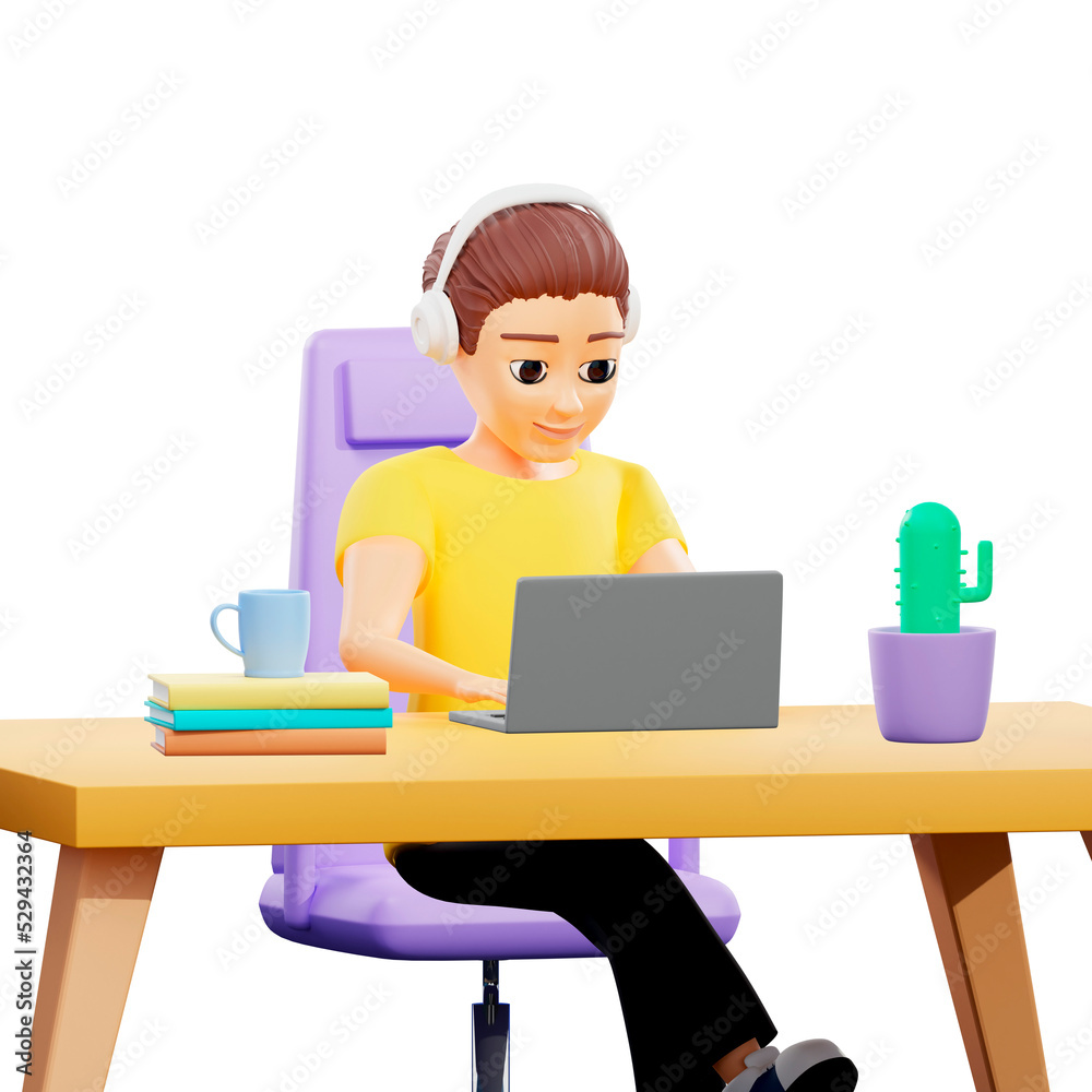 Raster illustration of man working at the desk in the office. A young guy in a yellow tshirt sits on a chear in headphones with a laptop and hot drink in a mug, cactus. 3d rendering artwork