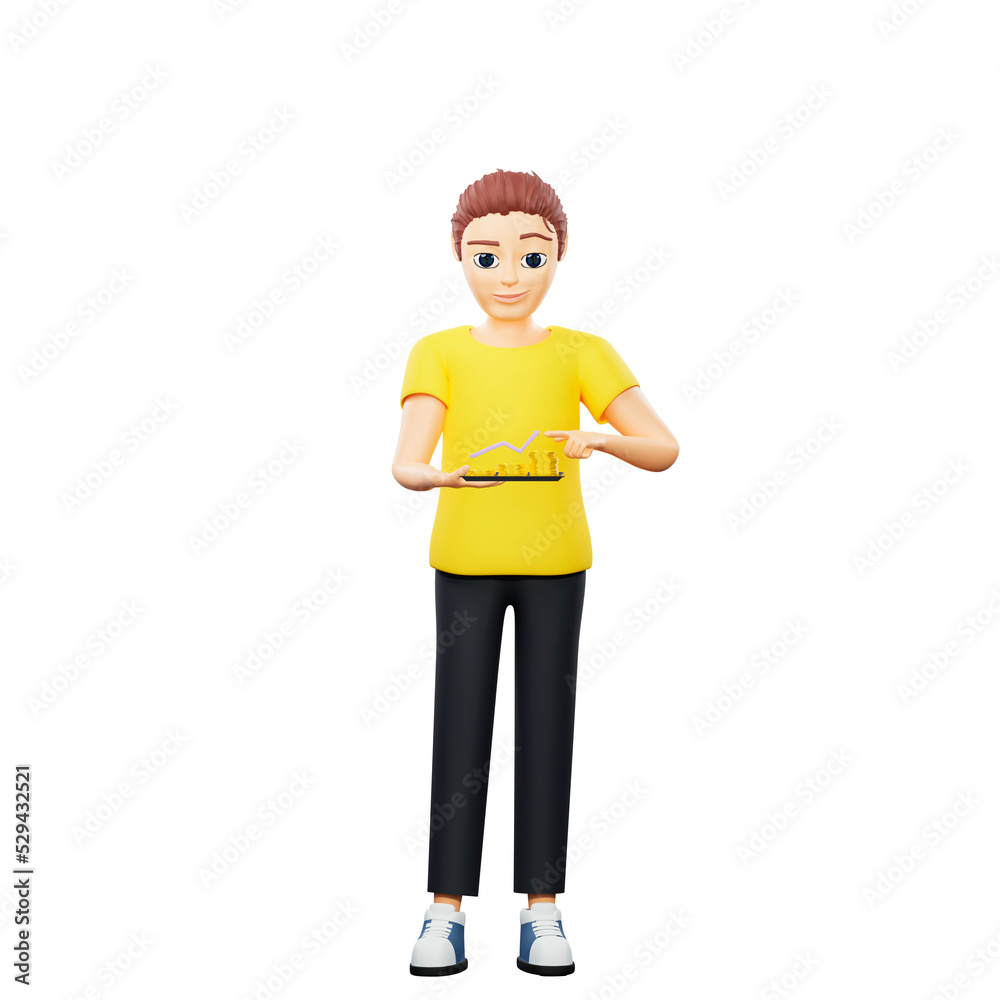 Raster illustration of man holding a coin holder. Young guy in a yellow tshirt analyzes data, infographics, charts, growth, profit, database. 3d rendering artwork for business and advertising Raster illustration of man holding a coin holder. Young guy in a yellow tshirt analyzes data, infographics, charts, growth, profit, database. 3d rendering artwork for business and advertising