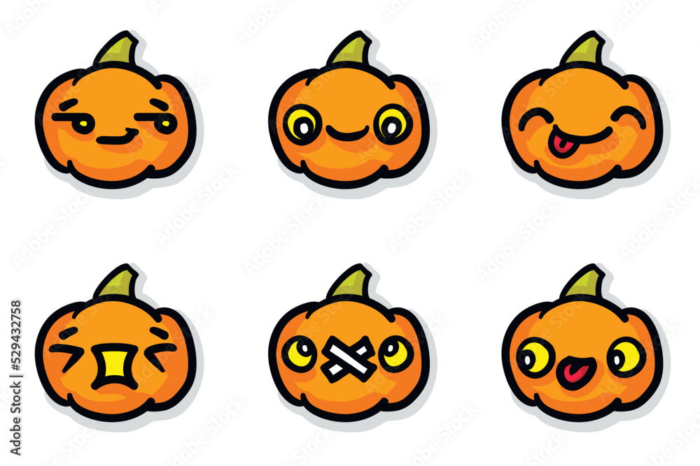 kawaii handdrawn pumpkin vector set of 6 icons. halloween decor, textile, cards, chart emoji, stickers. BONUS: Includes colorized, shadowed and linear versions separated by layers