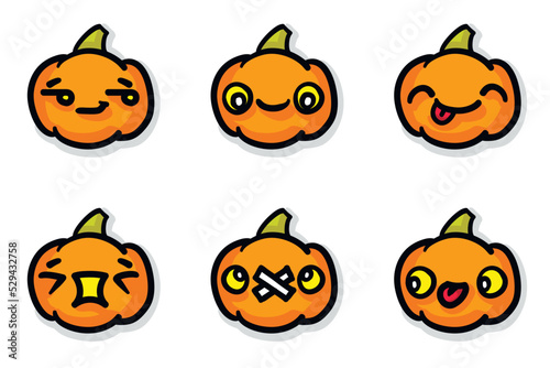 kawaii handdrawn pumpkin vector set of 6 icons. halloween decor, textile, cards, chart emoji, stickers. BONUS: Includes colorized, shadowed and linear versions separated by layers
