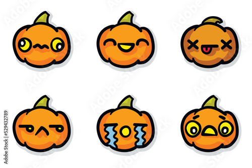 kawaii handdrawn pumpkin vector set of 6 icons. halloween decor, textile, cards, chart emoji, stickers. BONUS: Includes colorized, shadowed and linear versions separated by layers