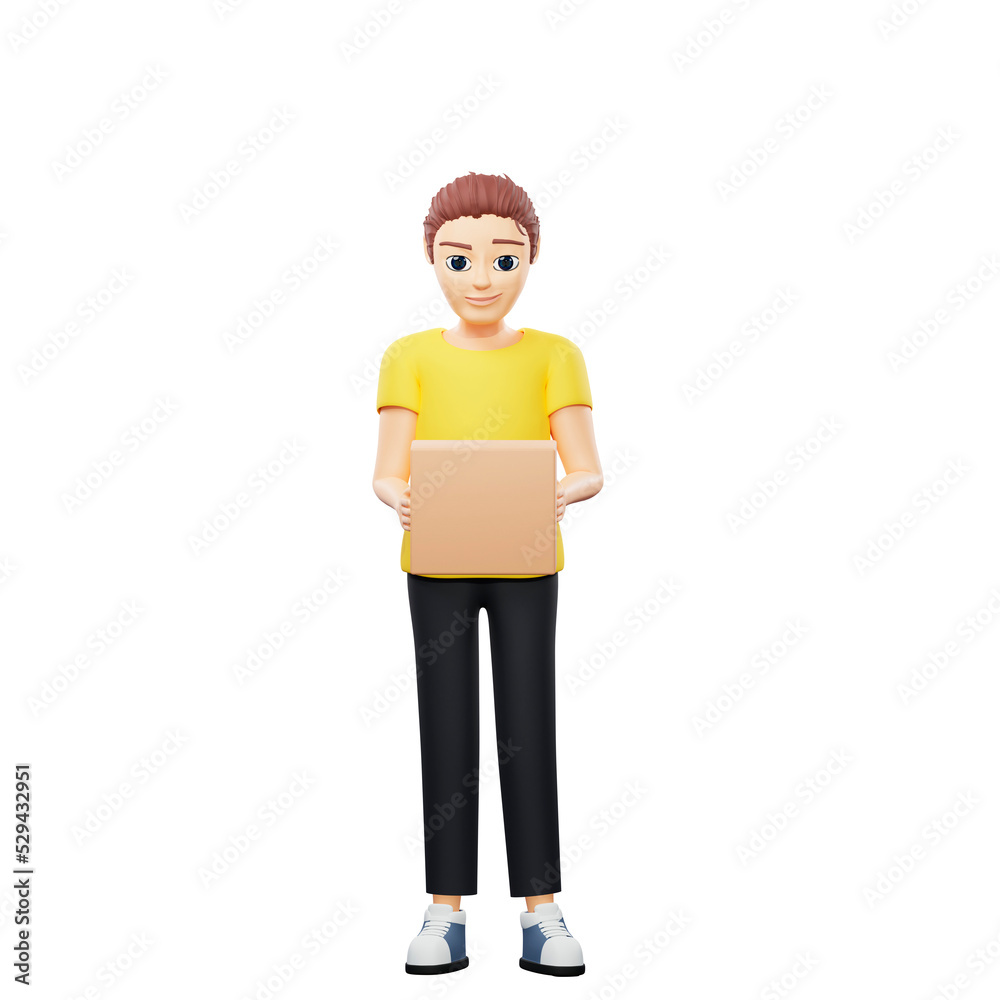 Raster illustration of man carries a box in his hands. Young guy in a yellow tshirt works as a loader, delivers parcels, presentation, delivery, purchase, order, serving. 3d rendering artwork Raster illustration of man carries a box in his hands. Young guy in a yellow tshirt works as a loader, delivers parcels, presentation, delivery, purchase, order, serving. 3d rendering artwork