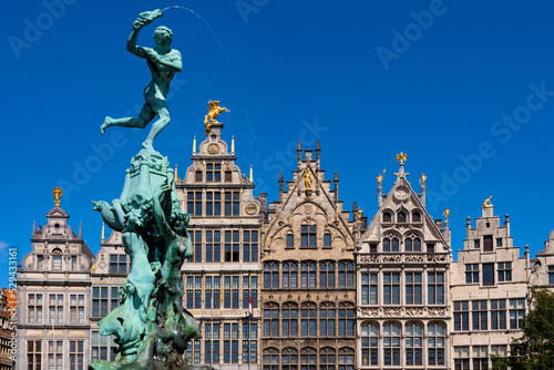“Grote Markt“ – the main market square in Antwerp Belgium with its historic fountain and picturesque facades and pediment gables is a world heritage monument and tourist attraction in diamond capital.
