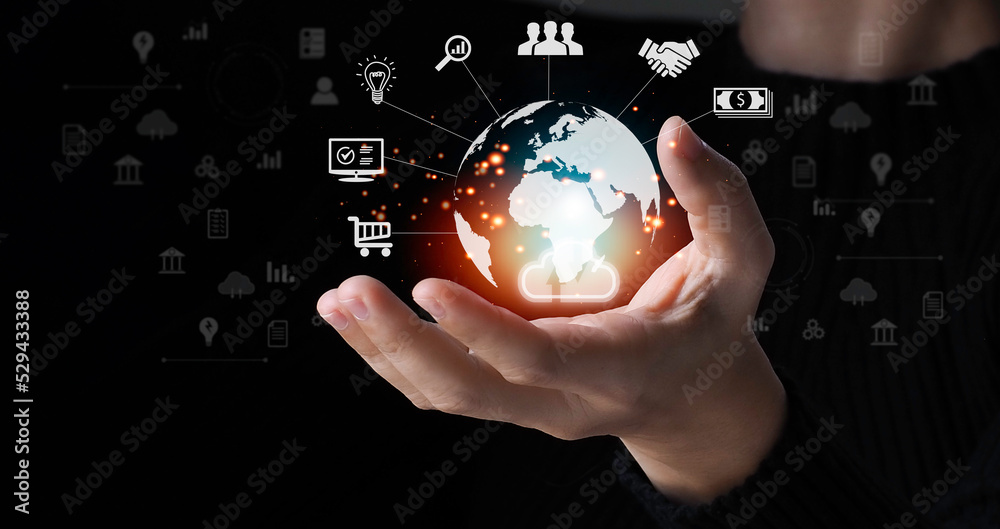 woman Hand holding virtual Global Internet connection metaverse. Business global internet connection application technology and digital marketing, Financial and banking, Digital link tech, big data. woman Hand holding virtual Global Internet connection metaverse. Business global internet connection application technology and digital marketing, Financial and banking, Digital link tech, big data.
