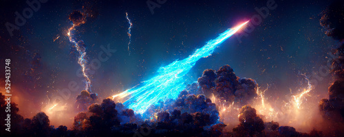 Red meteor with blue smoke in space. Magical clouds with dust and particle illustration.