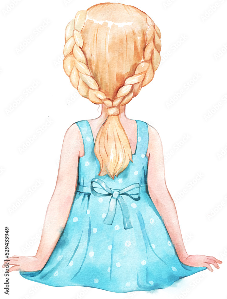 Watercolour little blond girl child sitting. Back view. Isolated Stock