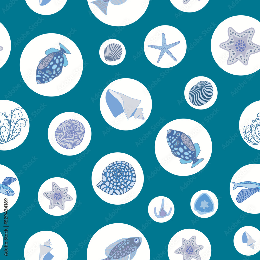 Polka dotted pattern with underwater world inhabitants on teal blue background.