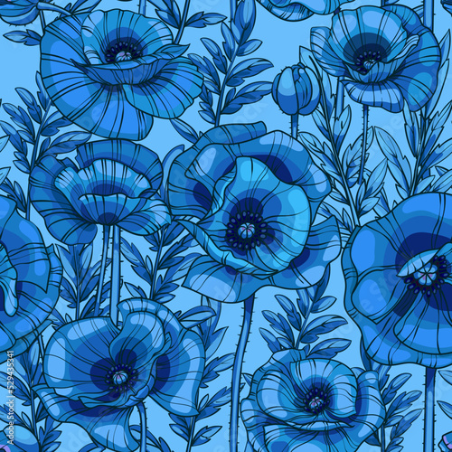 blue poppies flowers and leaves seamless vector pattern