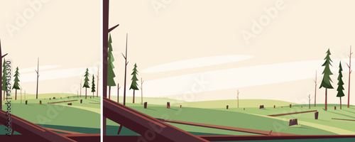 Grove with felled trees. Dead nature scenery in different formats.