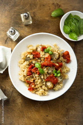 Quinoa with chicken sausage and tomato sauce