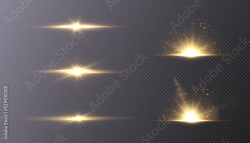 Foto Set of light effects golden glowing light isolated on transparent background