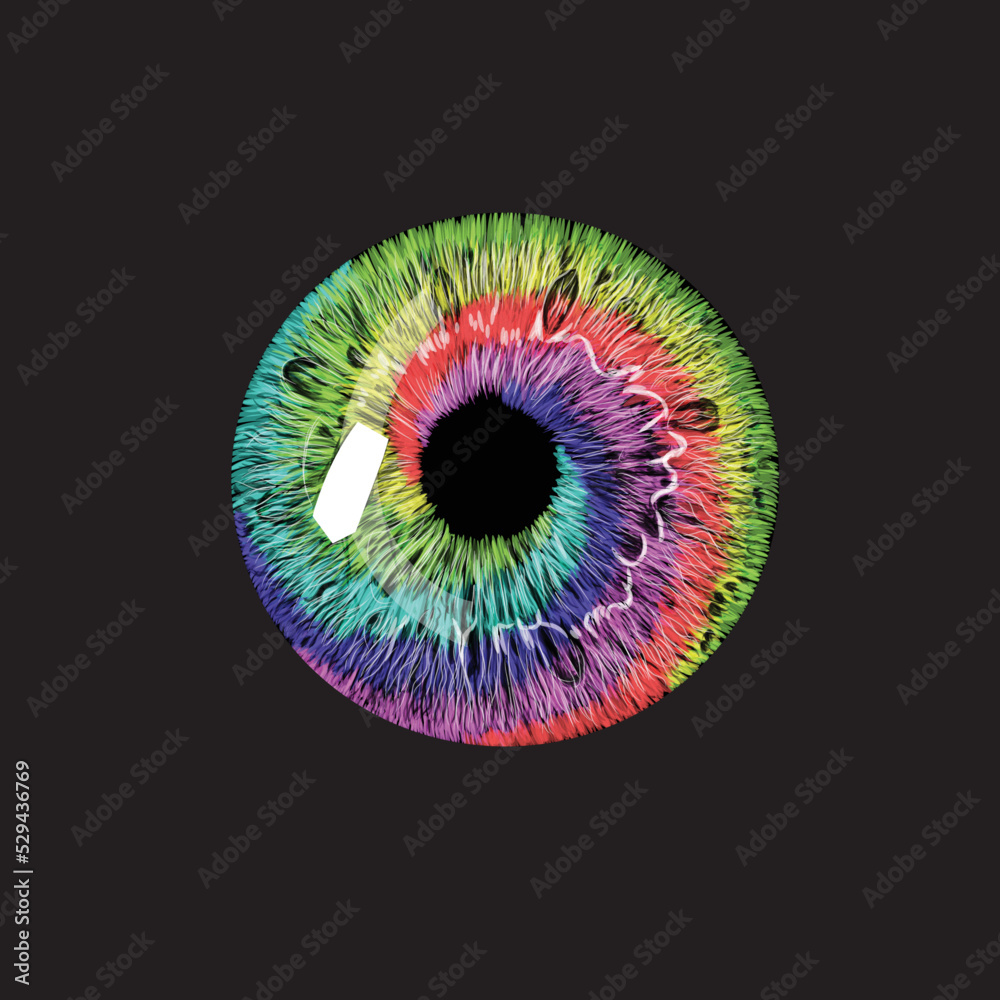 rainbow eyeball illustration. Color vision, creative symbol concept. 