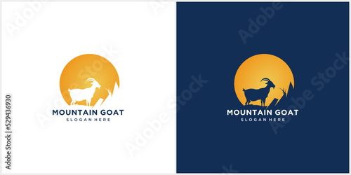 mountain goat logo, mountain goat silhouette logo with rocks and sun vector illustration
