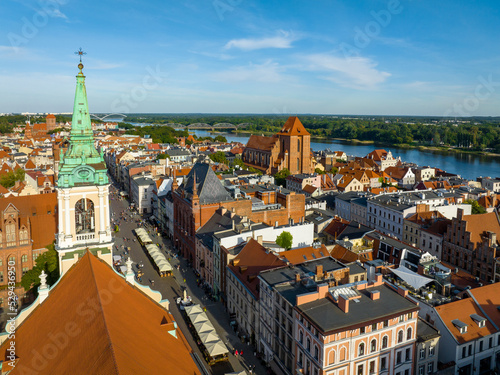 Torun. Aerial View of Old City of Torun. Vistula ( Wisla ) River with Bridge and Historical Buildings of the Medieval City of Torun. Kuyavian-Pomeranian Voivodeship. Poland. Europe. 