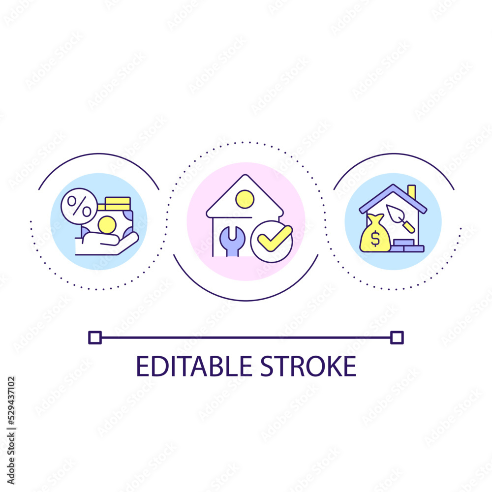 Home equity loan loop concept icon. Cover house maintenance expenses. Banking service abstract idea thin line illustration. Isolated outline drawing. Editable stroke. Arial font used Home equity loan loop concept icon. Cover house maintenance expenses. Banking service abstract idea thin line illustration. Isolated outline drawing. Editable stroke. Arial font used