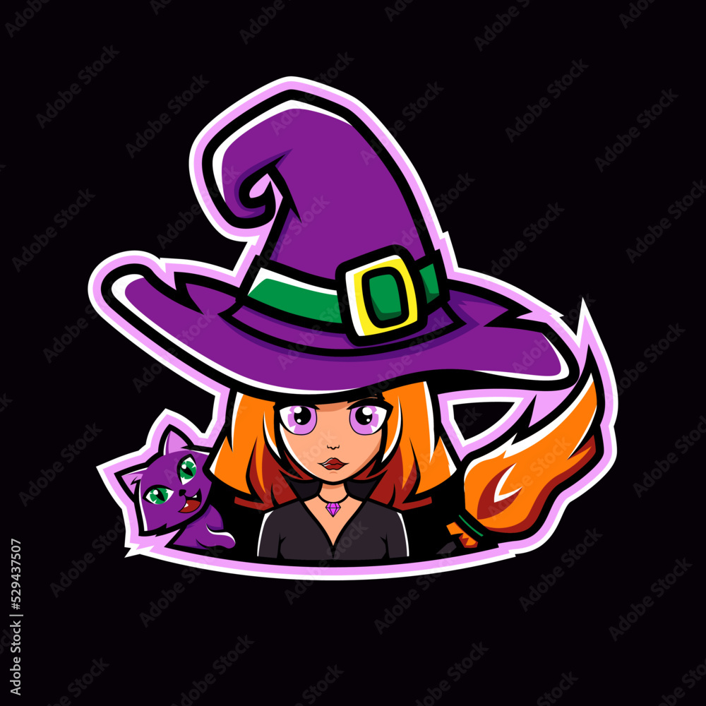 Cute little witch with a cat and a broom. Sticker, design element, logo. Vector illustration