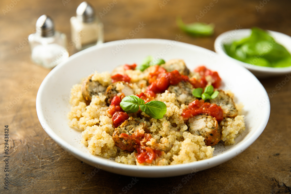 Quinoa with chicken sausage and tomato sauce