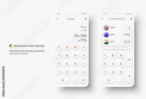 UI Calculator and currency converter in Neomorphism design. User app design in white realistic style with shadow. Vector illustration