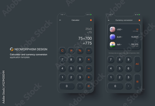 UI Calculator and currency converter in Neomorphism design. User app design in black realistic style with shadow. Vector illustration