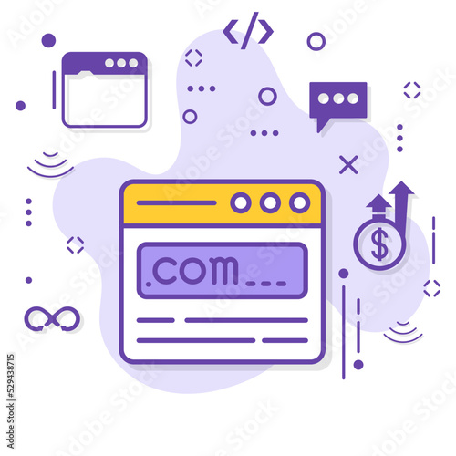 Tld .com register stock, Domain Registrar illustration, commercial domain registration concept, dot com domain url vector Icon design, Cloud computing and Web hosting services Symbol,