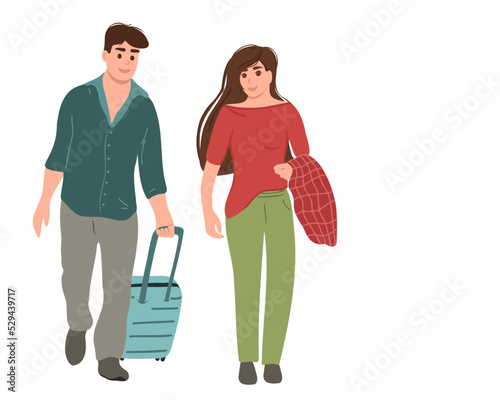 
A young man and woman or a married couple are walking with a suitcase or luggage isolated on a white background. copy space. Travel concept. Vector illustration