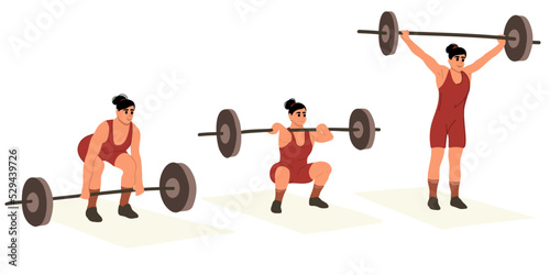 Set of strong woman in sportswear doing deadlift during workout. Young female bodybuilder doing exercises with a heavy barbell in the gym. Powerlifting, sports lifestyle. Vector illustration