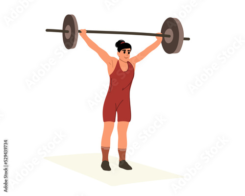 Strong muscular woman in sportswear doing deadlift during workout. Young bodybuilder woman doing exercise with a heavy weight bar in gym. Powerlifting, sports lifestyle. Vector illustration