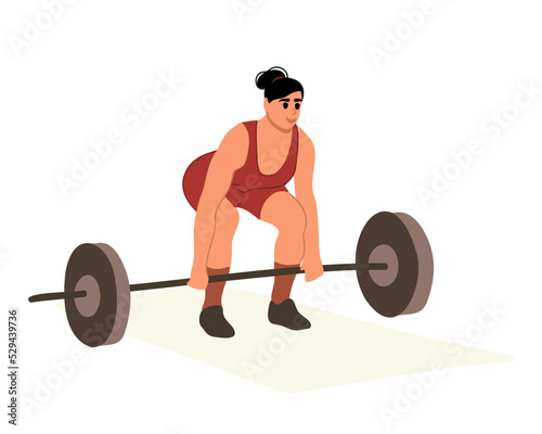 Young bodybuilder woman doing exercise with a heavy weight bar in gym. Strong muscular woman in sportswear doing deadlift during workout.  Powerlifting, sports lifestyle. Vector illustration