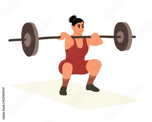 Powerlifting, sports lifestyle. Strong muscular woman in sportswear doing deadlift during workout. Young bodybuilder woman doing exercise with a heavy weight bar in gym. Vector illustration