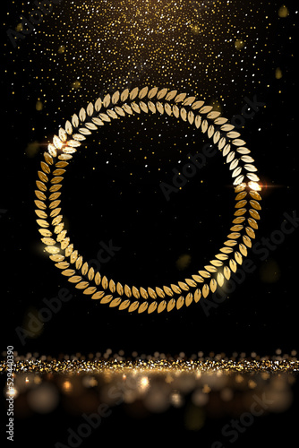Gold round laurel wreath and falling glitter vector illustration. Realistic movie award, golden dust in festive glamour holiday poster, confetti rain from shiny particles on black background