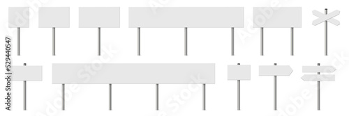 Signposts and banners with blank boards set. Metal sticks with white signs vector illustration. Retro steel street direction posts isolated on white background. Simple empty information placards.
