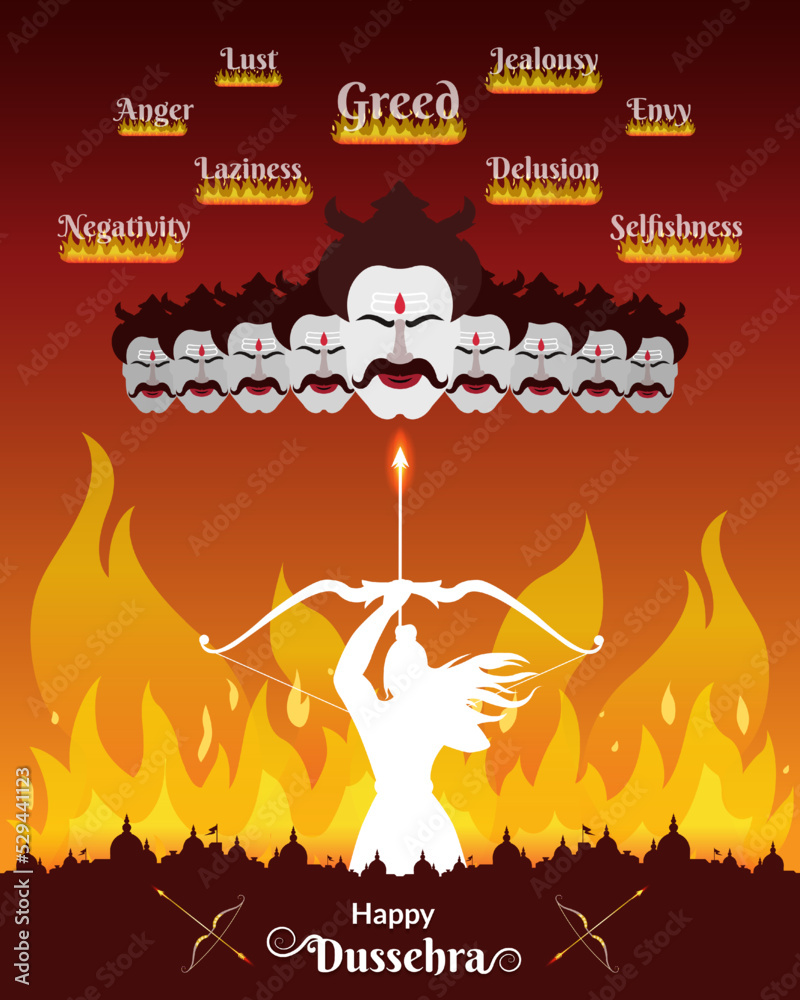 Indian festival Dussehra greeting with Ravana evil heads showing social