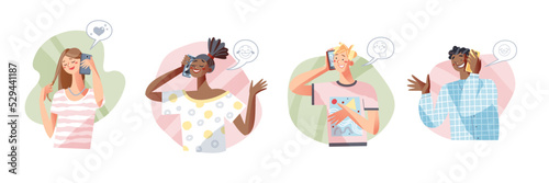 Young characters talk mobile phones set, happy girl and guy teenagers using smartphones