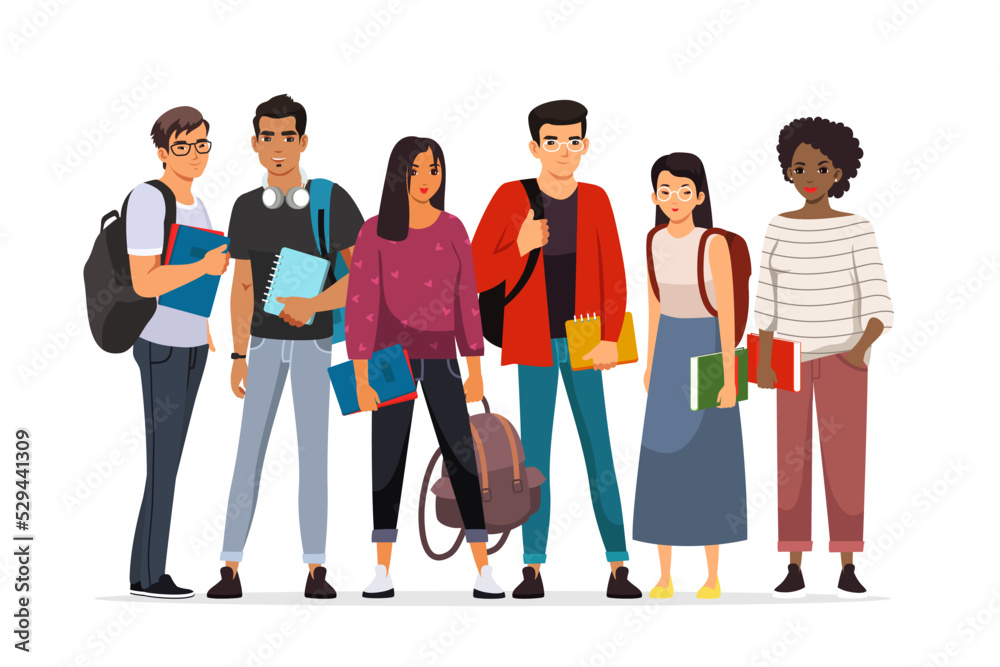 Obraz premium College or university students group. Young happy people standing isolated on white background. Higher academic education vector illustration. Diverse multicultural meeting.