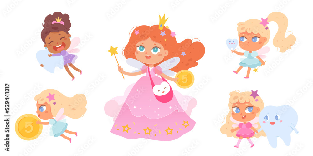 Tooth fairy characters set, fairy tale princess with crown and dress, little pretty girls