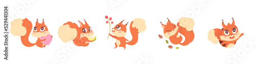 Different activities of cute squirrel character set, happy animals with long furry tails
