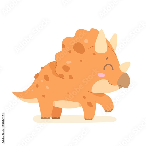Cute baby dinosaur, isolated funny triceratops, prehistoric animal and young happy dragon