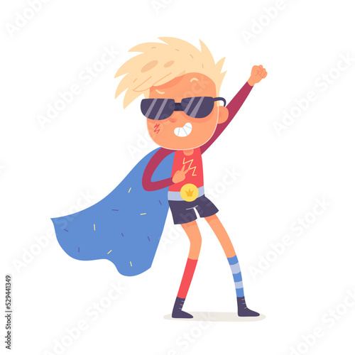 Boy superhero character with silly pose wearing cape, hero costume, red and blue socks